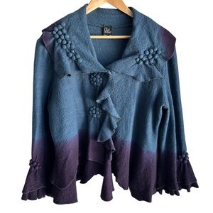 Covelo 100% Wool Cardigan Jacket XL Blue Purple Ombre Ruffle Whimsigoth Artsy